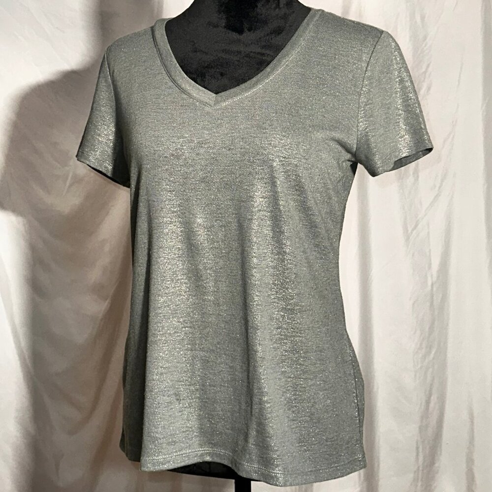 Olive Shimmery V-neck T-Shirt, Medium Petite